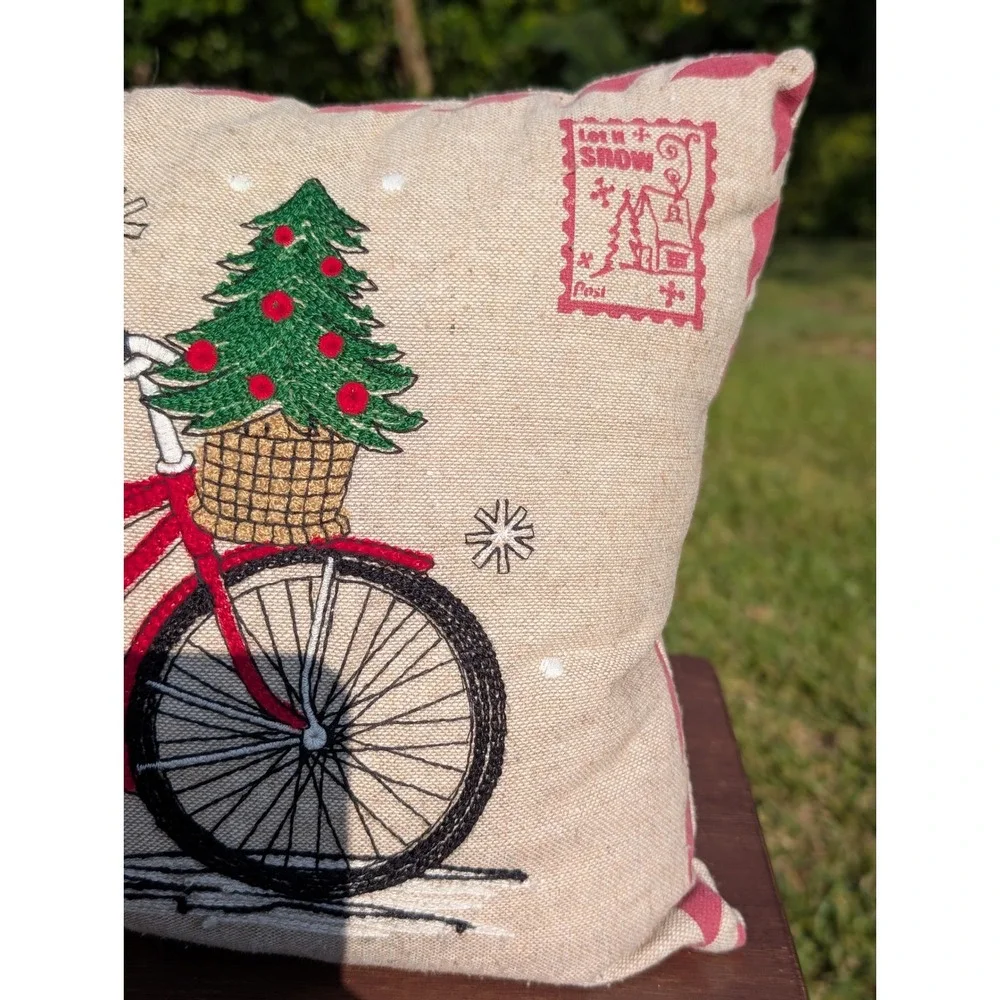 Christmas Rustic Throw Pillow Embroidered Red Bicycle Let It Snow 17x12